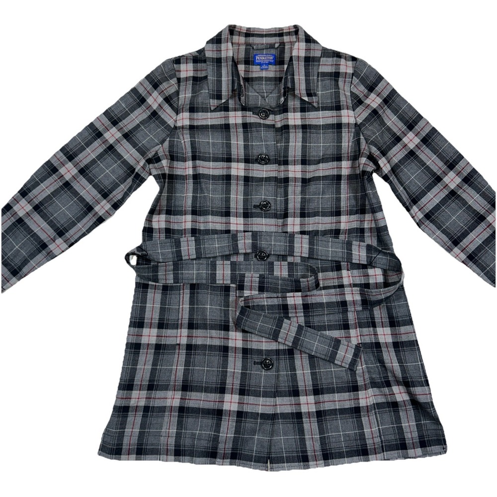 Pendleton Grey Black Red Plaid Belted Long Sleeve Shirt Dress Womens L 100% Wool